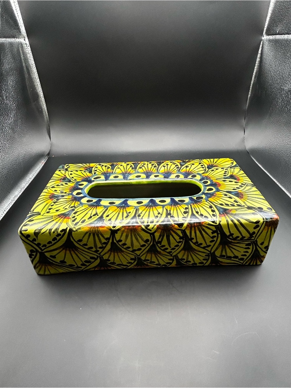 Hand-Painted Talavera Ceramic Tissue Box Cover in Bright Yellow and Navy